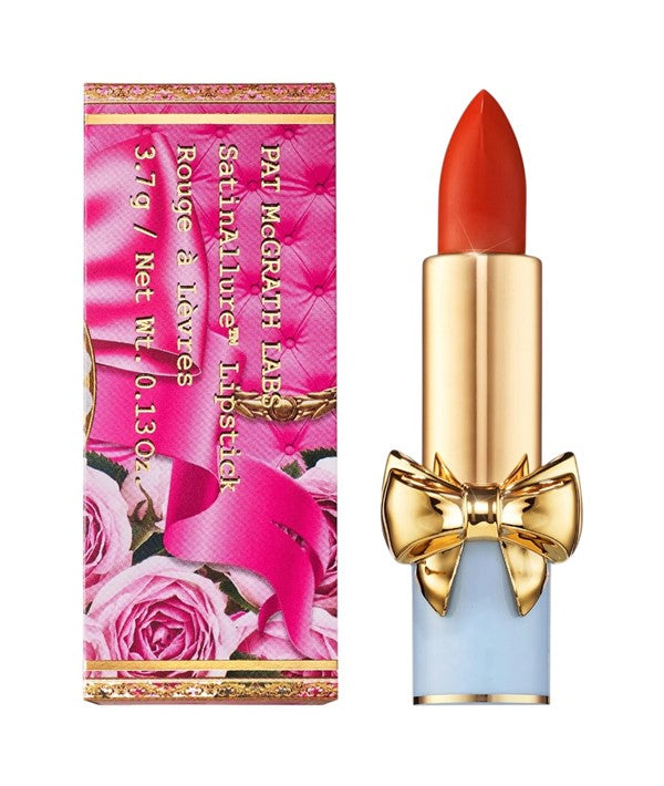 PAT McGrath Labs Satin Allure Lipstick 656 Crimson Ecstasy in red lipstick tube and case