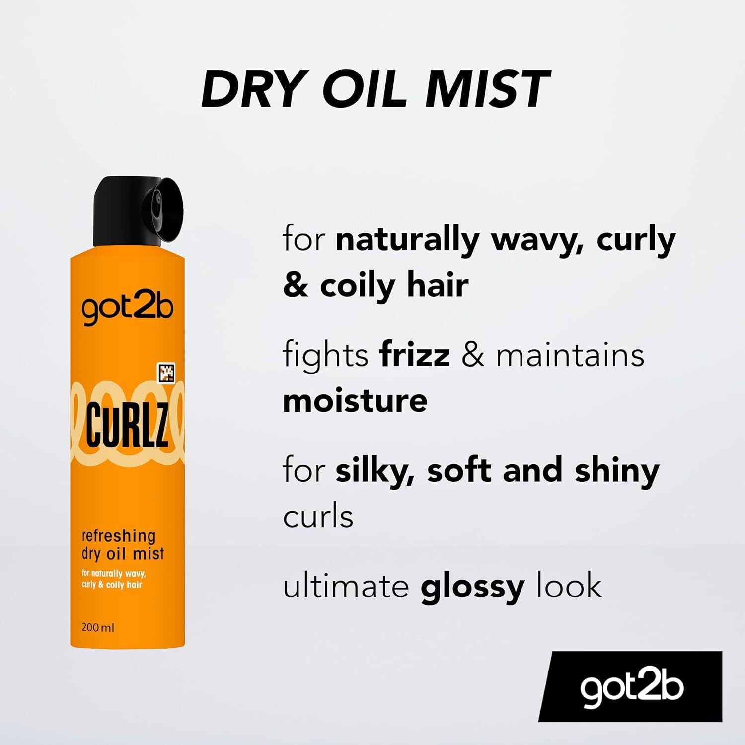 Schwarzkopf Got2b Curlz Refreshing Dry Oil Mist bottle with spray nozzle, suitable for nourishing and revitalizing curly hair.
