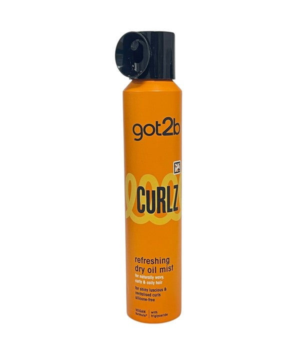 Schwarzkopf Got2b Curlz Refreshing Dry Oil Mist for hair treatment, 200ml bottle with spray nozzle and curly hair background