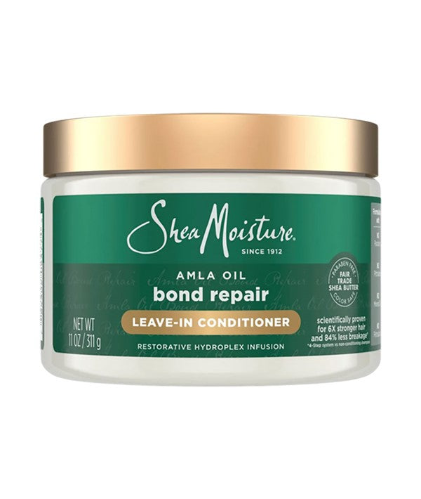 Shea Moisture Amla Oil Bond Repair Leave-In Conditioner bottle with pump, designed for damaged hair repair and hydration.