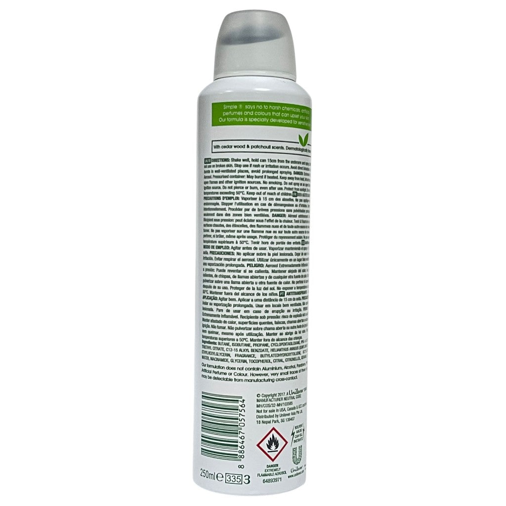 Simple Kind To Skin Pure Deodorant Spray bottle for body care, featuring a white and blue design and spray nozzle.