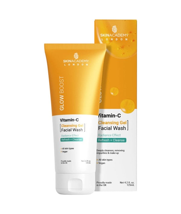 Skin Academy Glow Boost Vitamin C cleansing gel facial wash in a 125ml tube, designed for brightening and refreshing skin.