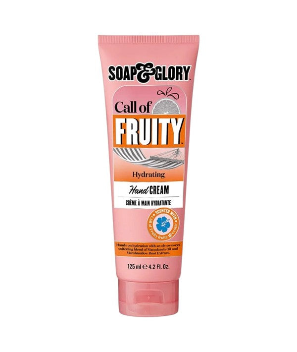 Soap and Glory Call Of Fruity hydrating hand cream in a sleek tube, with fresh fruit imagery and vibrant packaging.