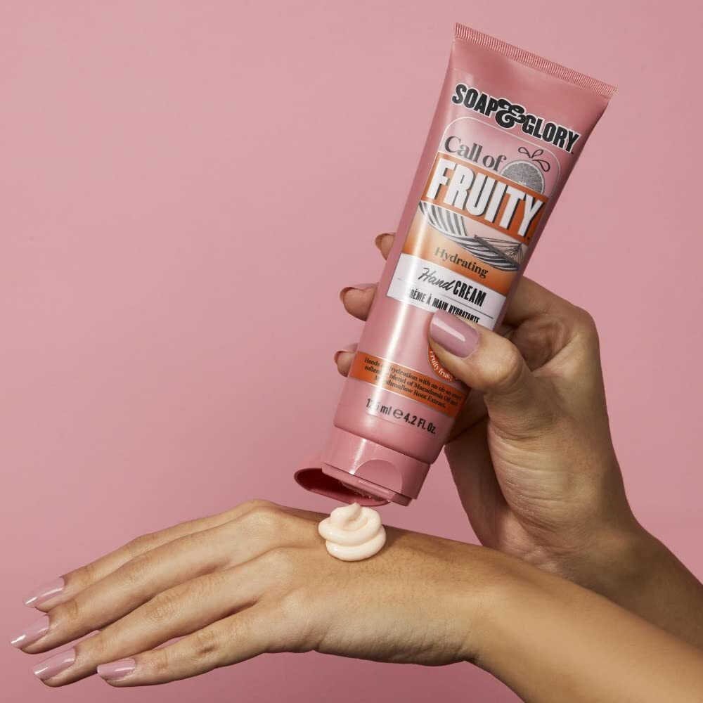 Soap and Glory Call Of Fruity hydrating hand cream tube with vibrant packaging, perfect for nourishing and softening hands.