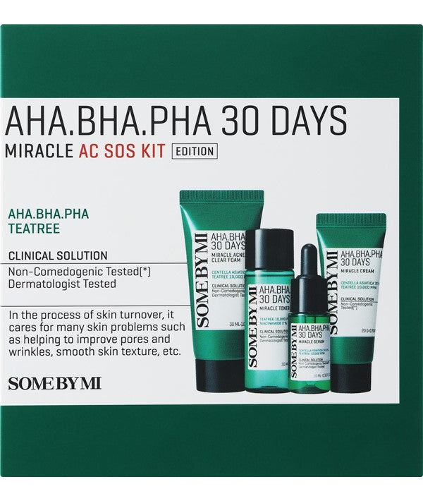 Some By Mi AHA BHA PHA 30 Days Miracle AC SOS Kit bundle with skincare products in white and blue packaging.