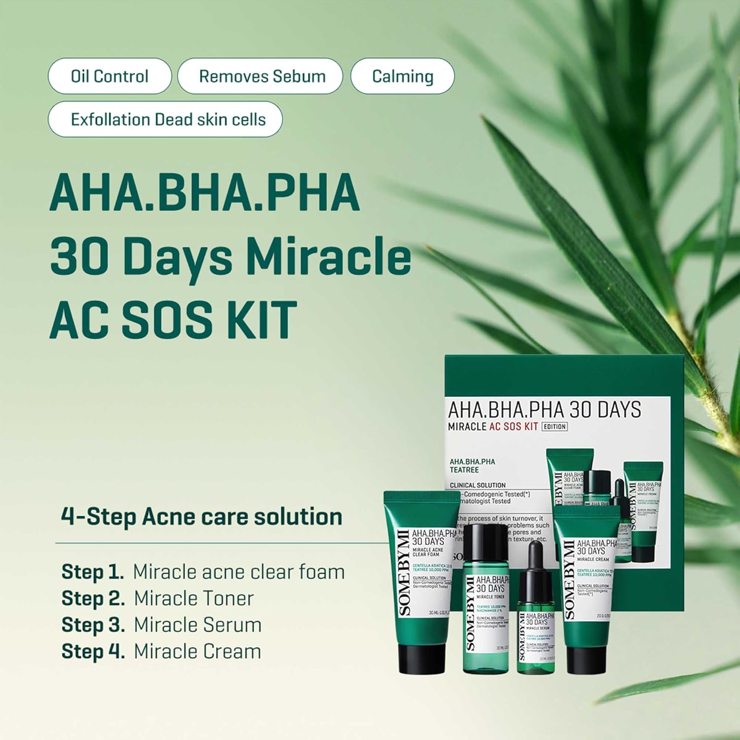 Some By Mi AHA BHA PHA 30 Days Miracle AC SOS Kit edition with skincare products in white and blue packaging, arranged on a surface.