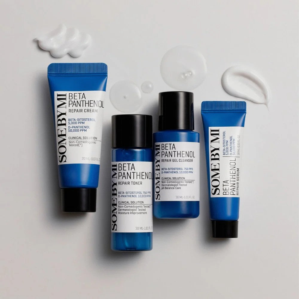 Some By Mi Beta Panthenol Repair Starter Kit edition with skincare products, including tubes and bottles, for K-beauty skincare routines.