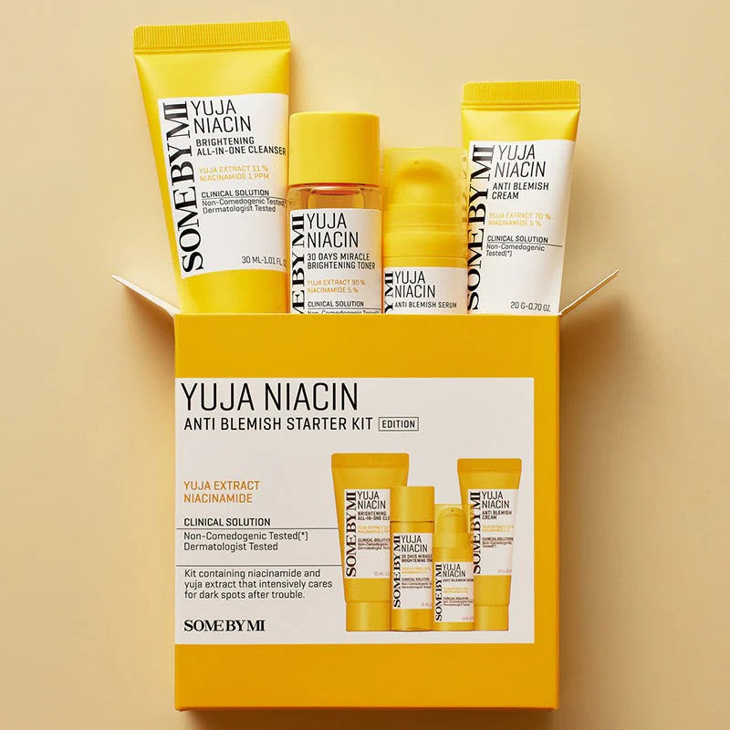 Some By Mi Yuja Niacin Anti Blemish Starter Kit featuring skincare products in a compact bundle for clear, healthy skin.