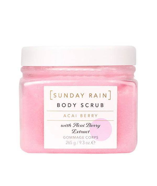 Sunday Rain Acai Berry Body Scrub for bath and shower, featuring a jar of exfoliating scrub with fresh acai berries
