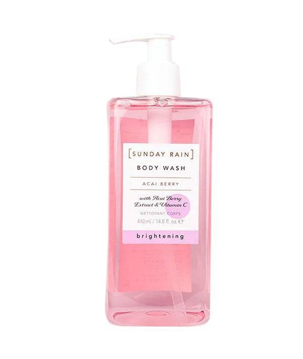 Sunday Rain Acai Berry Body Wash for bath and shower, featuring a vibrant bottle with acai berry scent and natural ingredients.