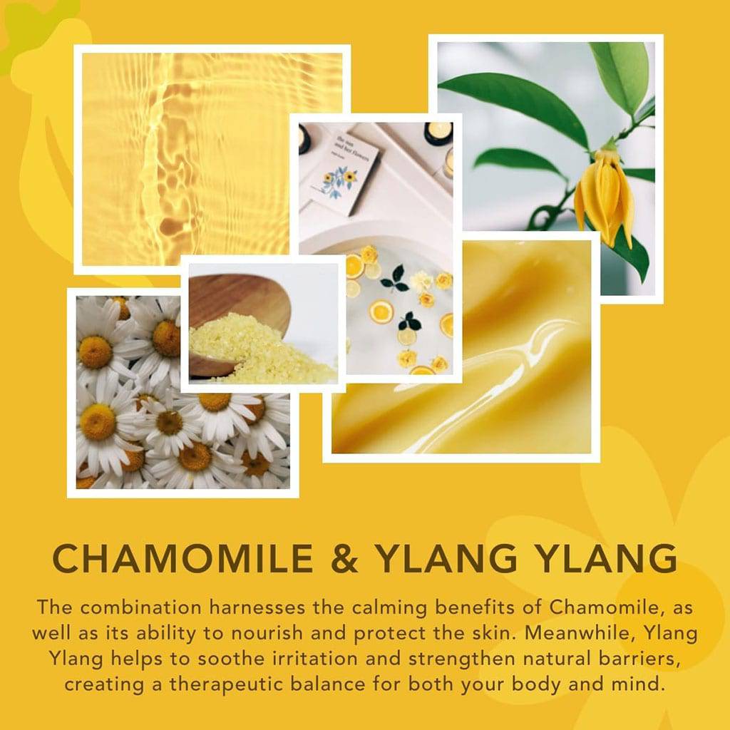 Sunday Rain Chamomile Ylang Ylang body wash bottle for bath and shower with floral, calming scent, and natural ingredients.
