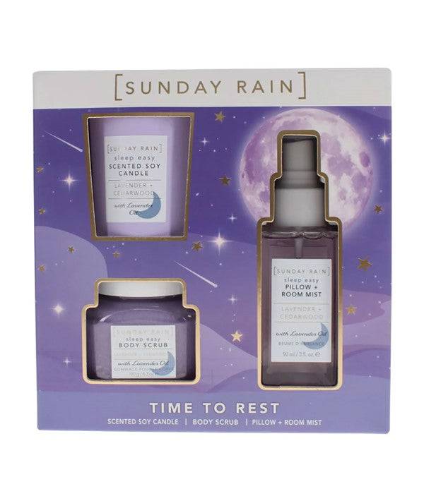 Sunday Rain Lavender and Cedarwood bath and shower products set, featuring soothing lavender and cedarwood scents.