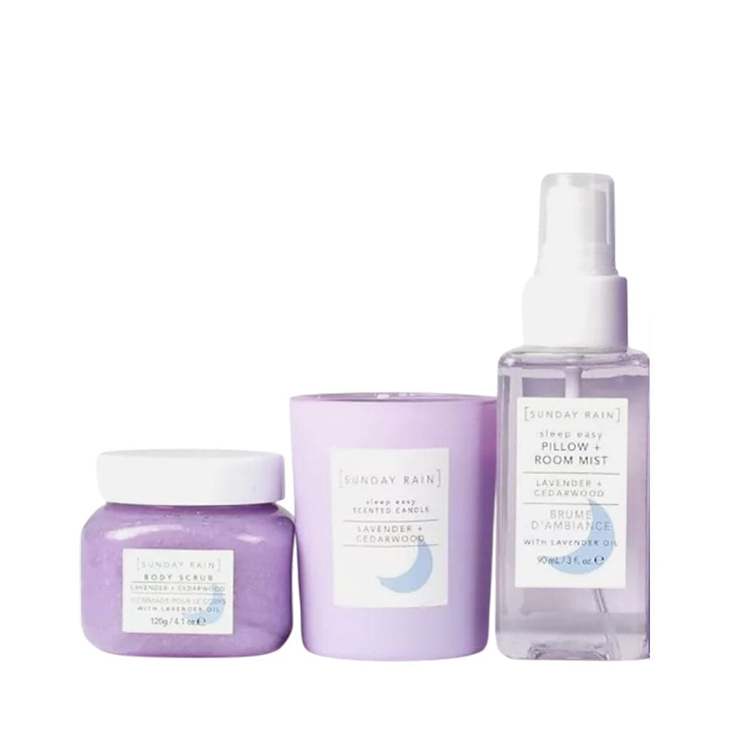 Sunday Rain Lavender and Cedarwood bath and shower trio set with lavender and cedarwood scents, perfect for relaxing baths.