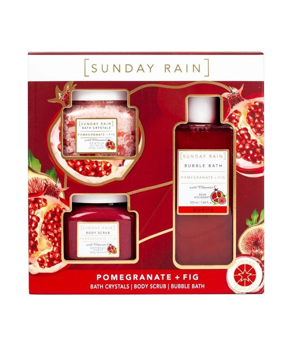 Sunday Rain Pomegranate and Fig Body Trio skincare gift set with three moisturizing body products in vibrant packaging.