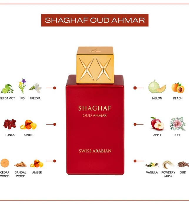 Swiss Arabian Shaghaf Oud Ahmar Eau De Parfum for him, featuring a sleek glass bottle with deep red accents and elegant design.