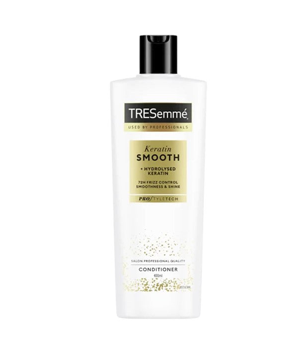 TRESemme Keratin Smooth Hydrolysed Keratin Conditioner in a white bottle with a flip cap, designed for smooth, shiny hair.