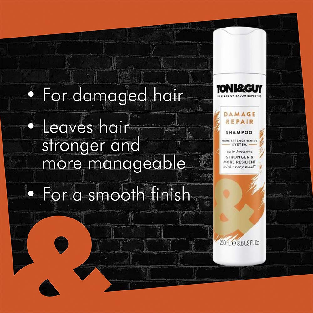Toni and Guy Damage Repair Shampoo in a 250ml bottle with a sleek white and purple label, designed to repair and strengthen hair.