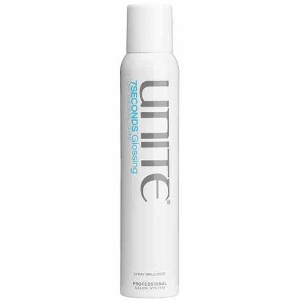 Unite Hair 7 Seconds Glossing Brilliance Spray in a sleek bottle, showing the hair spray with a shiny finish and spray nozzle.