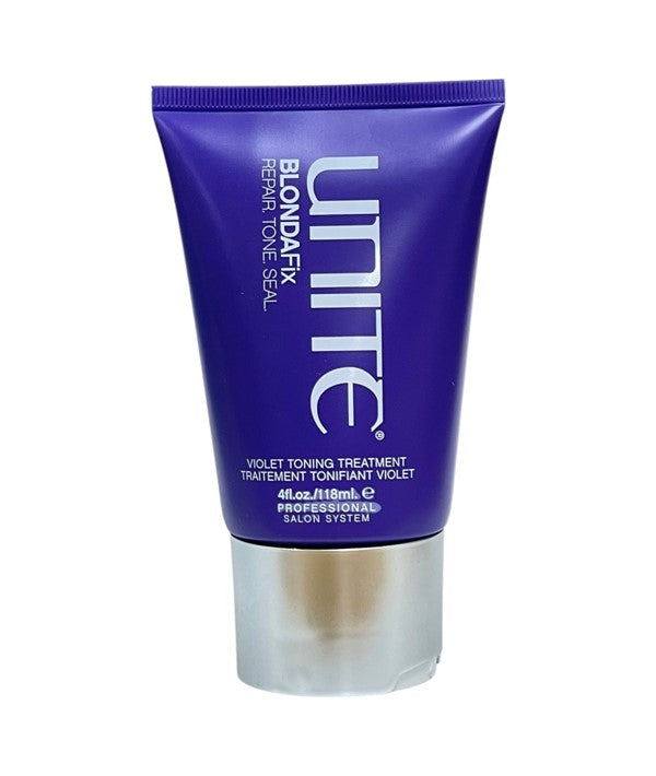 Unite Hair Blonda Fix Violet Toning Treatment bottle for blonde hair, featuring purple formula for toning and refreshing hair color.
