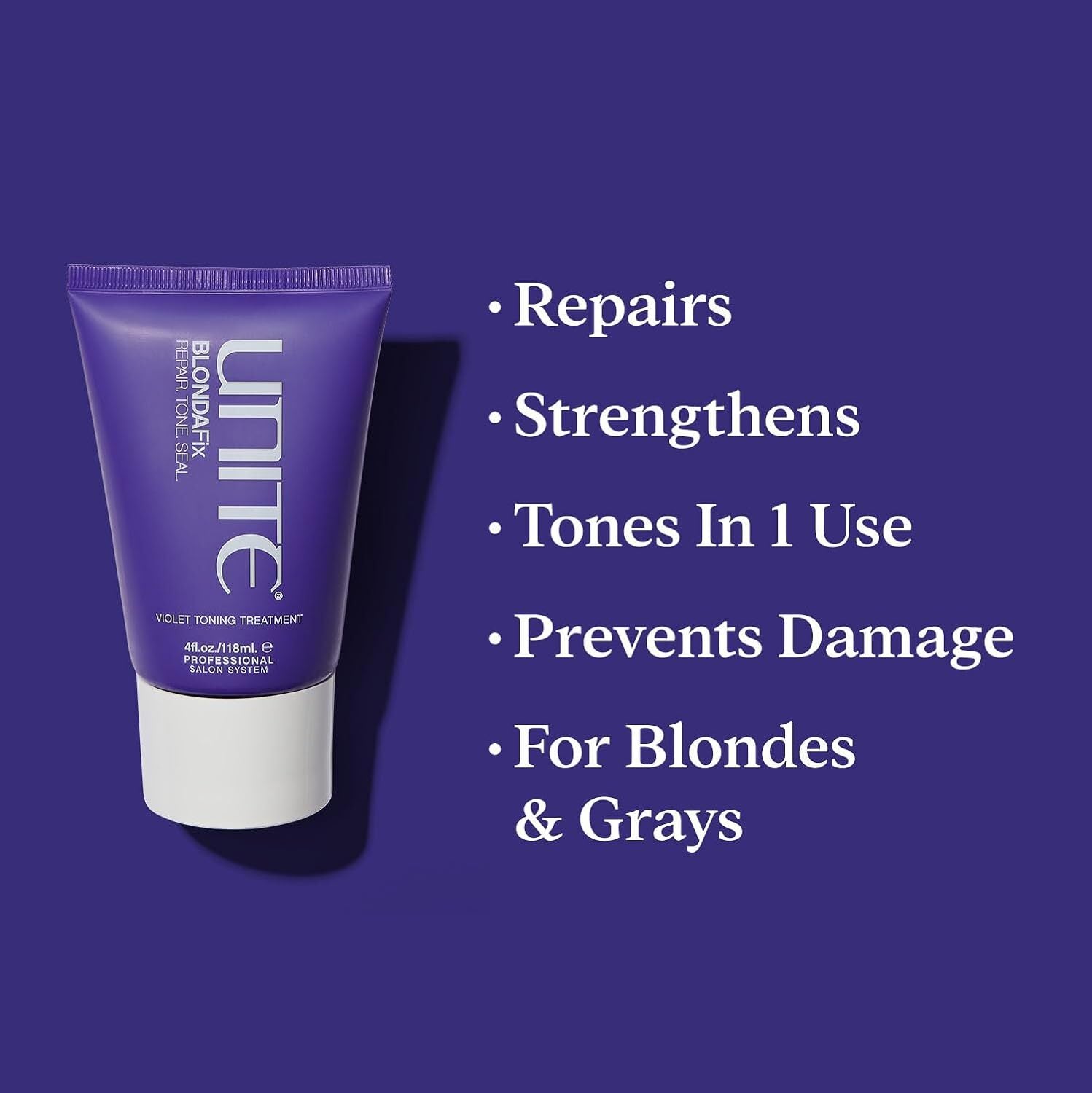 Unite Hair Blonda Fix Violet Toning Treatment bottle with purple liquid in clear container, designed for blonde hair toning.