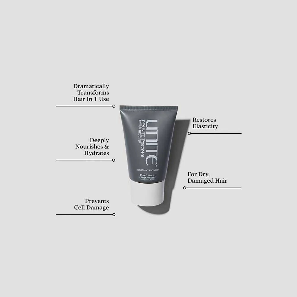 Unite Hair Re:Unite Repairing Treatment bottle showing the hair treatment product with sleek packaging and label.