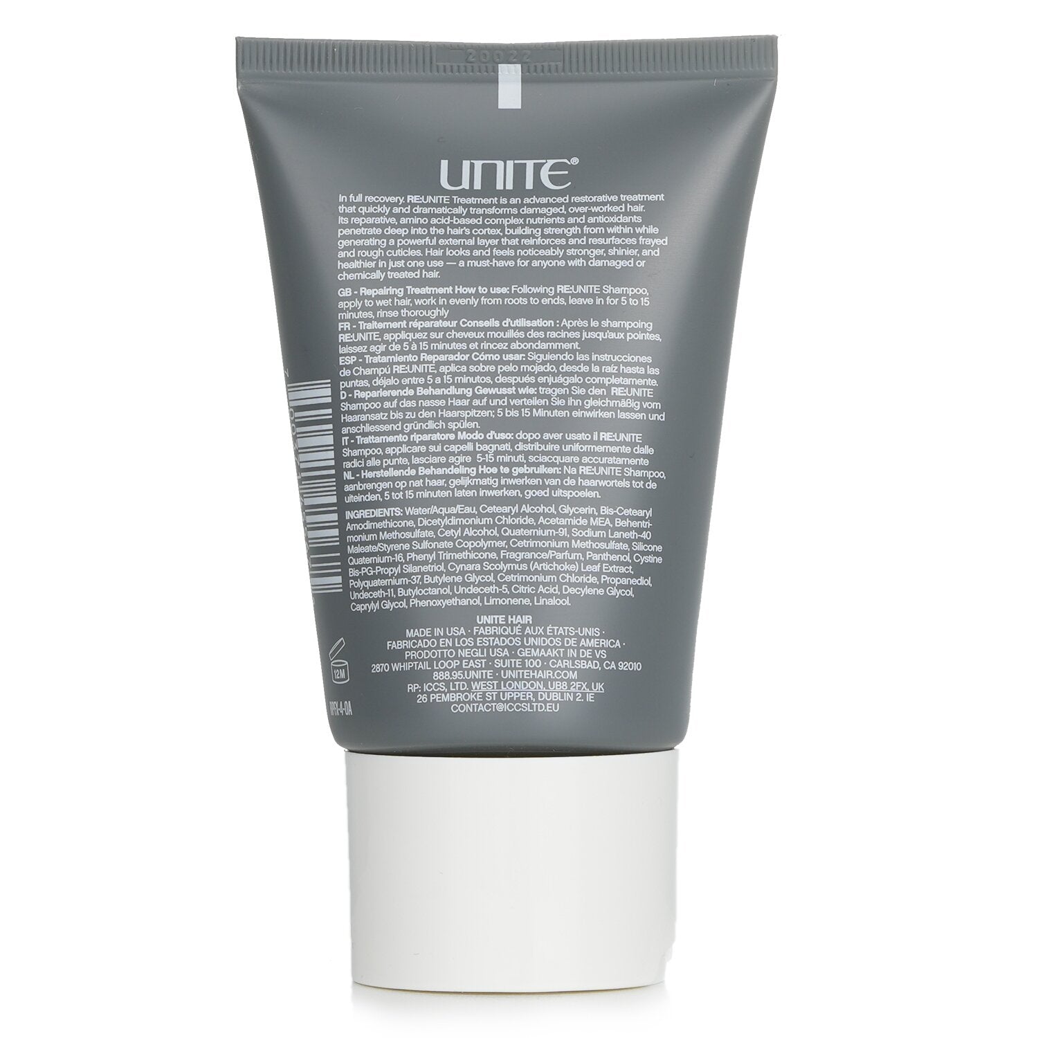 Unite Hair Re:Unite Repairing Treatment bottle showing the hair treatment product with a sleek design and label.