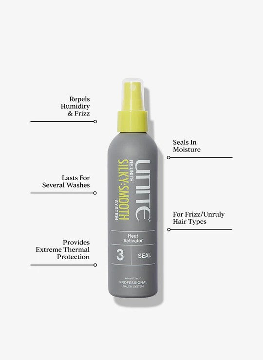 Unite Hair Re Unite Silky Smooth Seal 3 Heat Activator hair treatment bottle with pump for smoothing and sealing hair.