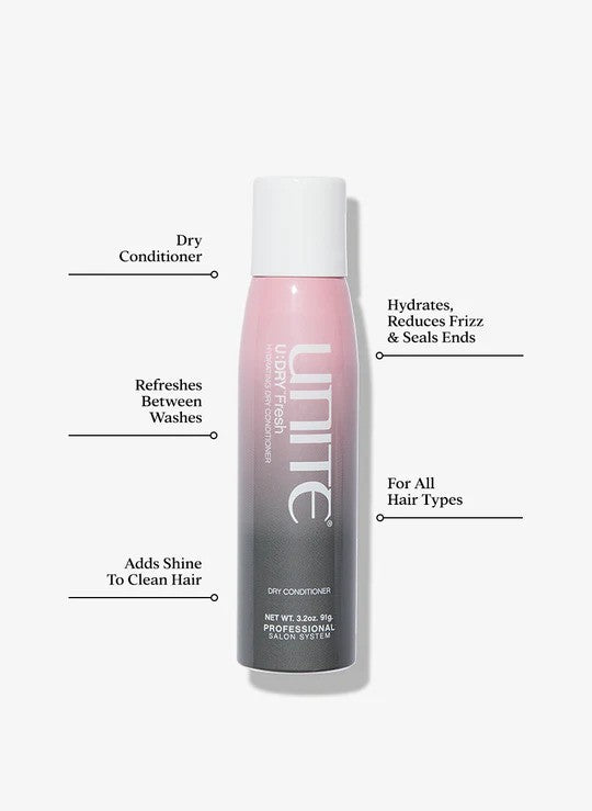 Unite Hair U Dry Fresh Dry Conditioner bottle showing the product label and packaging on a white background.