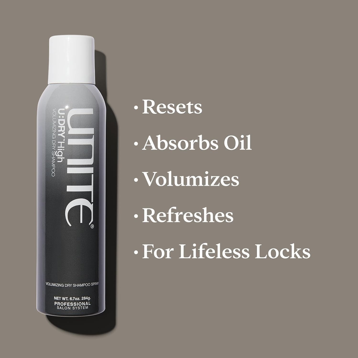 Unite Hair U Dry high volumizing dry shampoo bottle with white label and spray nozzle, designed to refresh and add volume to hair.