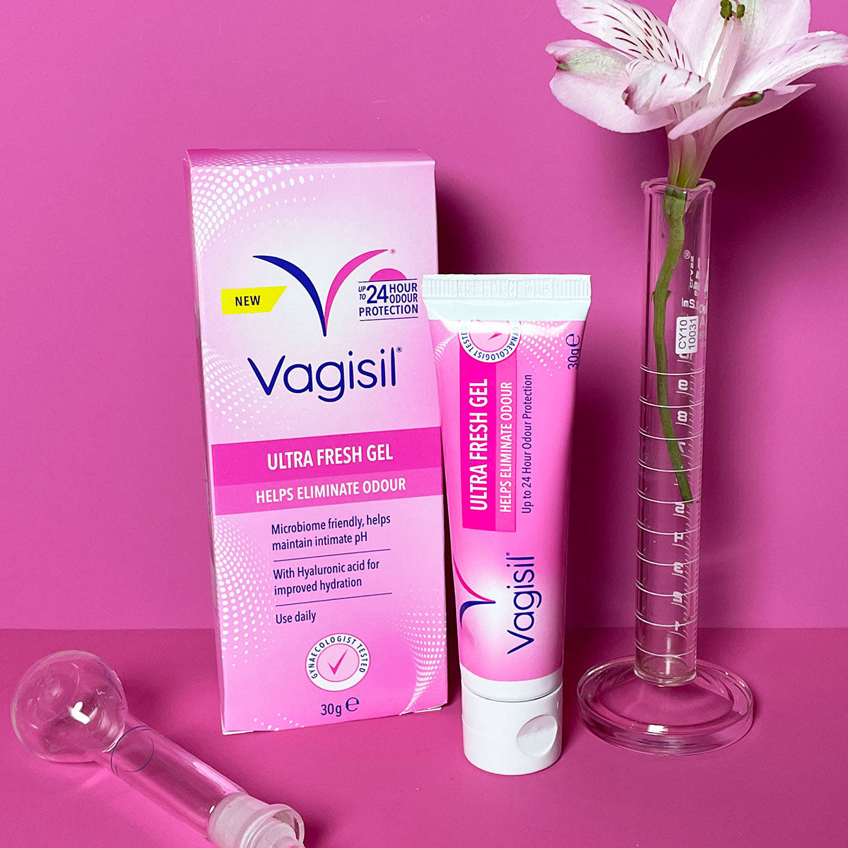 Vagisil 24 Hour Odour Protection Ultra Fresh Gel in a tube, part of Targeted Skin Solutions, designed for feminine hygiene and freshness.