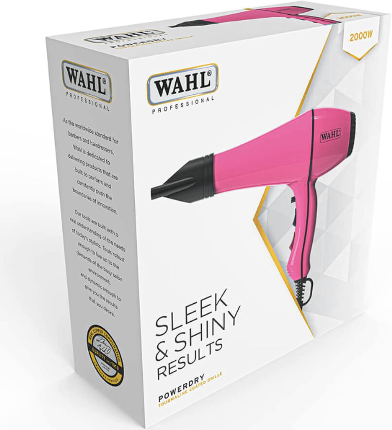 Pink Wahl Powerdry Hairdryer, a professional hair styling tool with a sleek design and multiple heat settings.