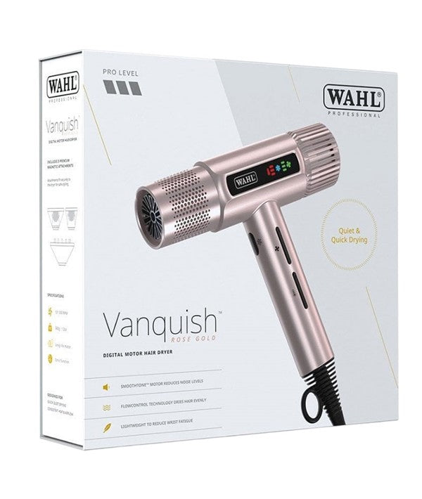 Wahl Vanquish Rose Gold hair dryer with sleek styling design, featuring a professional hair styling tool for quick drying and styling.