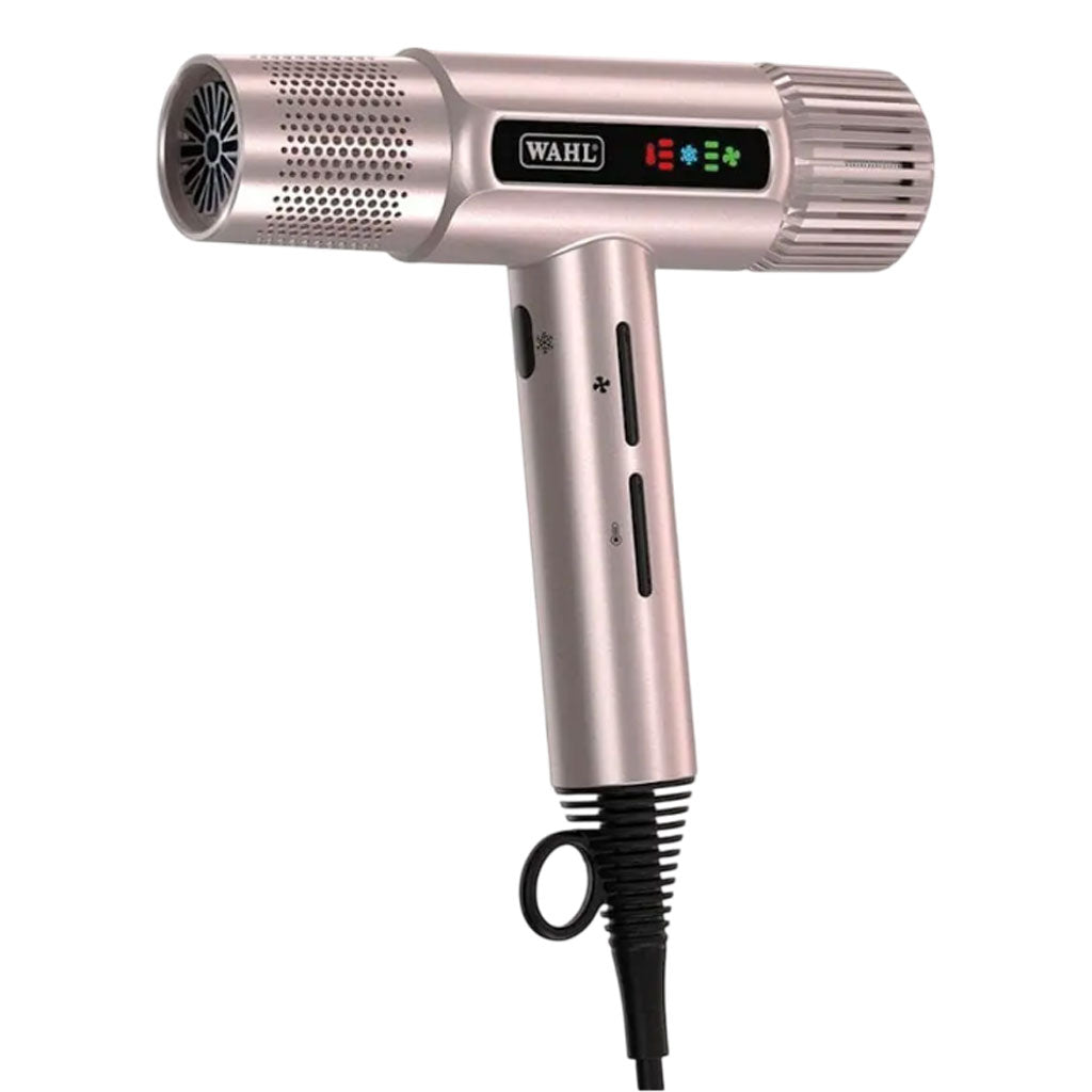 Wahl Vanquish Rose Gold hair dryer, a professional hair styling tool with a sleek rose gold finish and digital controls.