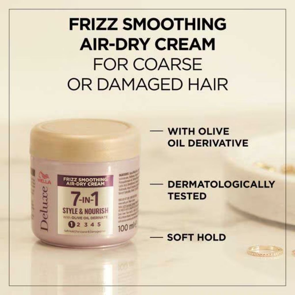 Wella Deluxe Frizz Smoothing 7-in-1 Air Dry Cream in a jar, designed for hair styling to reduce frizz and add smoothness