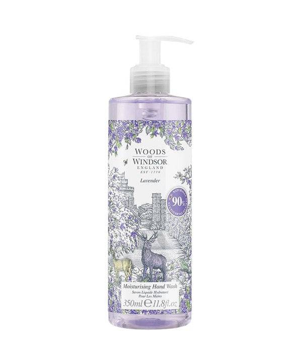 Woods of Windsor Lavender Moisturising Hand Wash bottle with lavender flowers and elegant packaging, for gentle hand care.