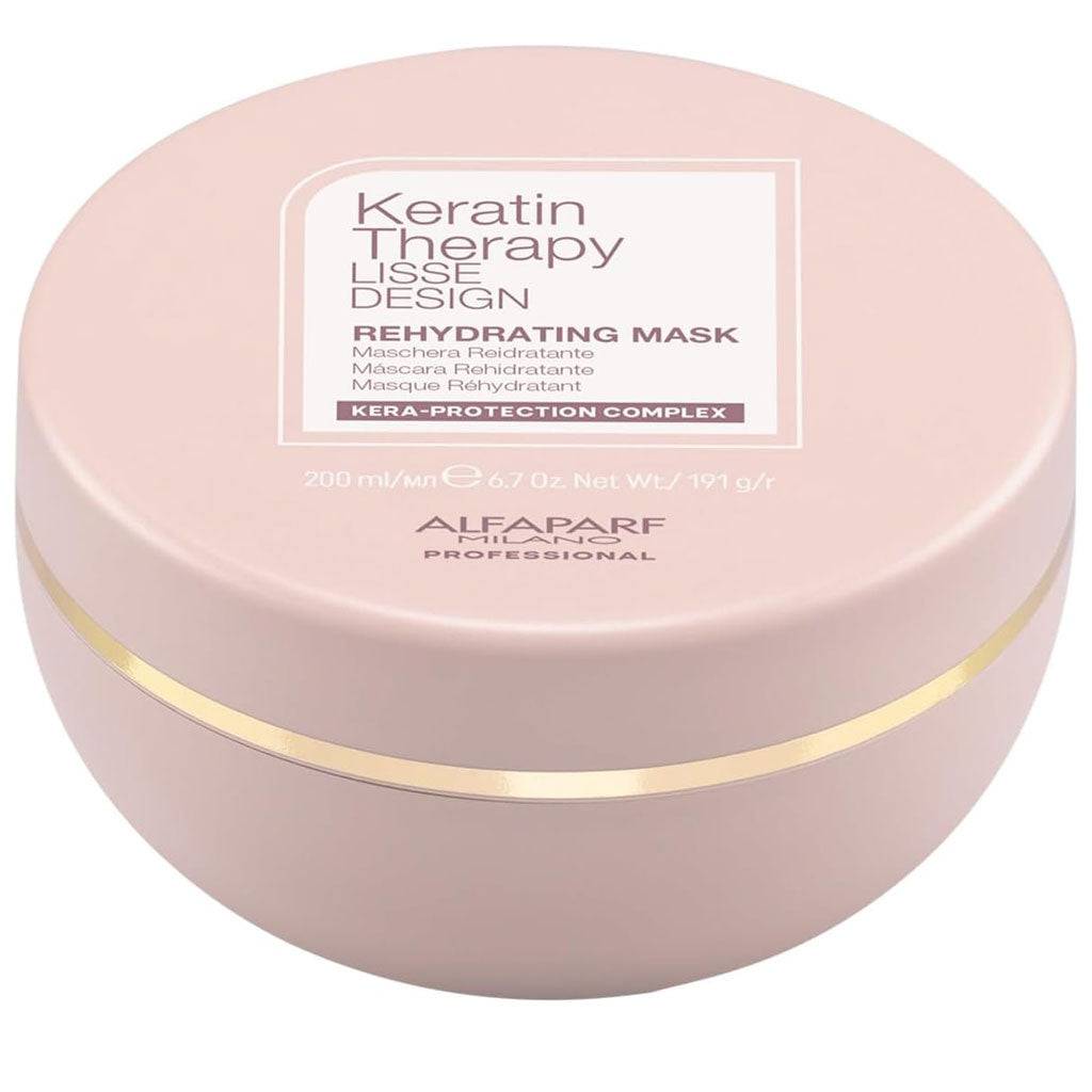 Alfaparf Milano Keratin Therapy Lisse Design Rehydrating Mask for smooth, frizz-free hair in a white jar with a silver lid.