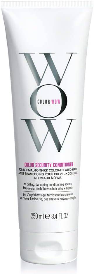 Color Wow Color Security Conditioner for normal to thick hair, showing a sleek bottle with the product label and a smooth hair texture