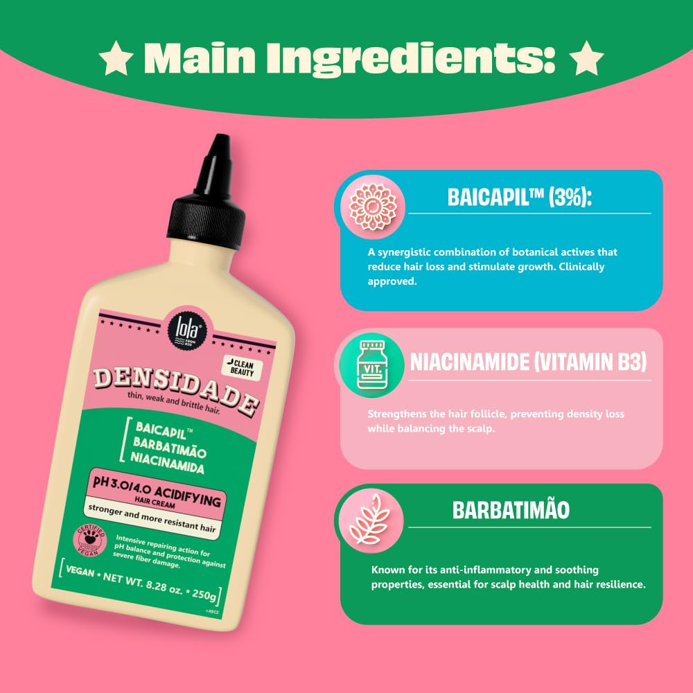 Lola Cosmetics Densidade Acidifying Hair Cream in a jar, shown with creamy texture, for nourishing hair treatment.