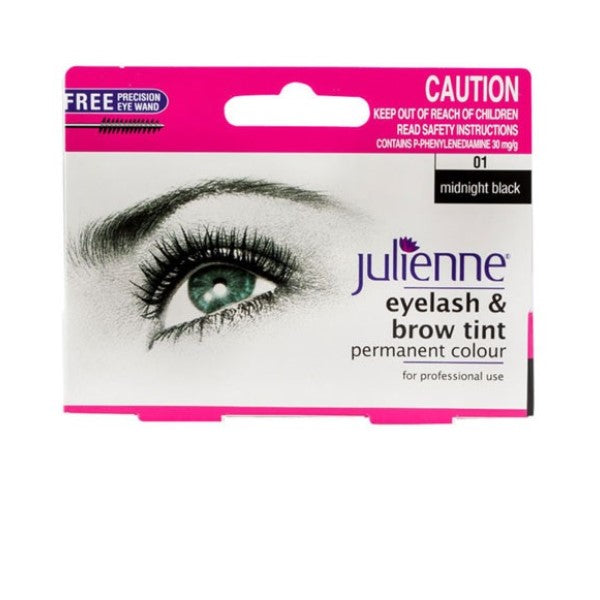 Julienne Midnight Black eyelash and brow tint tube, eye makeup product for natural, long-lasting dark tinting.