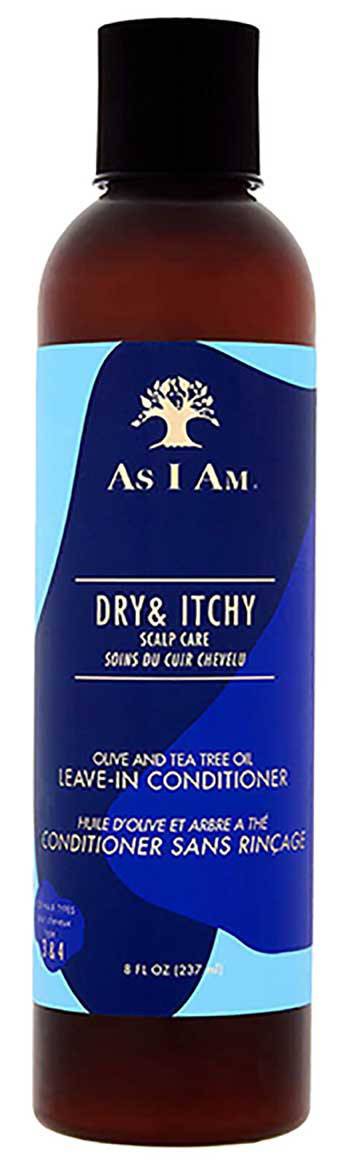 As I Am Leave-In Conditioner for dry, itchy scalp, smooths and hydrates hair with soothing ingredients, visible in the bottle and applied to hair.