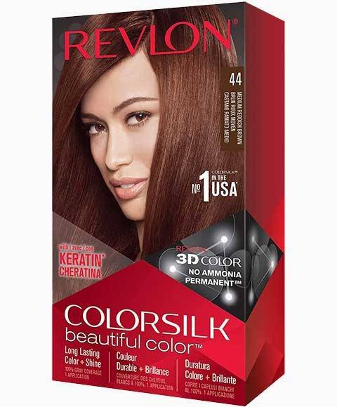 Revlon Colorsilk Beautiful Color permanent hair dye in 44 Medium Reddish Brown, showing the hair color application.
