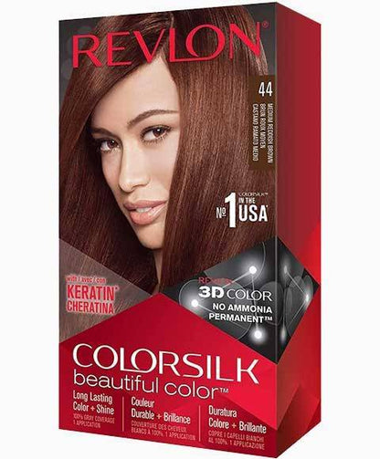 Revlon Colorsilk Beautiful Color permanent hair dye in 44 Medium Reddish Brown, showing the hair color application.