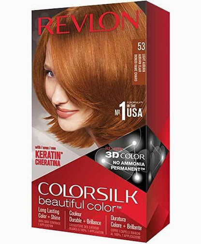 Revlon Colorsilk Beautiful Color permanent hair dye in shade 53 Light Auburn, showing the hair color and product packaging.