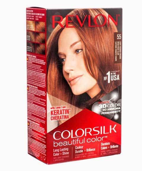 Revlon Colorsilk Beautiful Color permanent hair dye in 55 Light Reddish Brown, showing a box of hair color product with shade details.