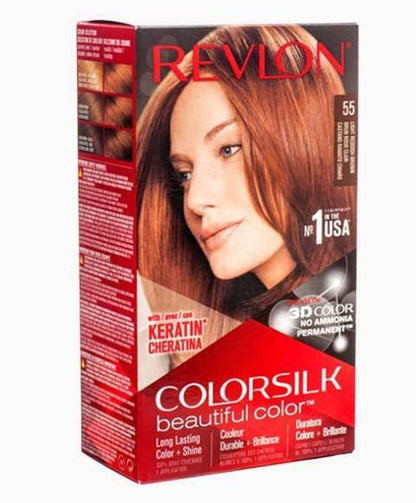 Revlon Colorsilk Beautiful Color permanent hair dye in 55 Light Reddish Brown, showing a box of hair color product with shade details.
