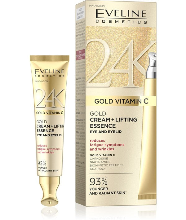 Eveline 24K Gold Vitamin C eye cream with lifting essence for eyes and eyelids, displayed in a sleek jar with gold accents.