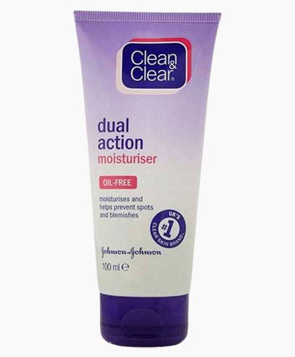 Johnson and Johnson Clean And Clear Daily Dual Action Moisturiser in a white bottle with a pump dispenser