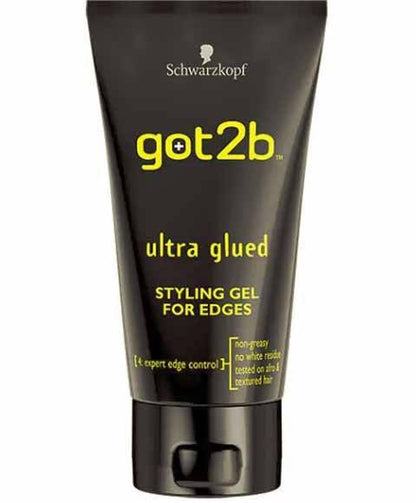 Schwarzkopf Got2b Ultra Glued Edge Styling Gel for sleek, smooth edge control on hair styled for a polished look.