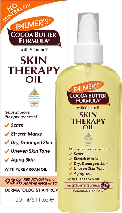 Palmers Cocoa Butter Formula Skin Therapy Oil bottle for body care, showcasing the nourishing body oil with cocoa butter.