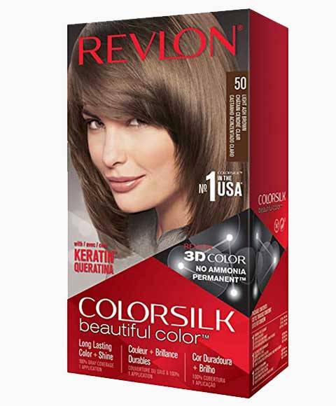 Revlon Colorsilk Beautiful Color light ash brown permanent hair dye tube, showcasing the product packaging and color shade.